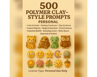 May include: An image showcasing polymer clay-style prompts. The text reads "500 Polymer Clay-Style Prompts Personal." The image features various clay creations, including animals, emojis, and celestial motifs. The license type is for personal use only.