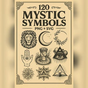 120 Mystische Symbole Clipart - Tattoo-inspirierte schwarze Linie Symbole | 8 Kategorien, PNG SVG für Print & Digital Art (Kommerzielle Nutzungslizenz)