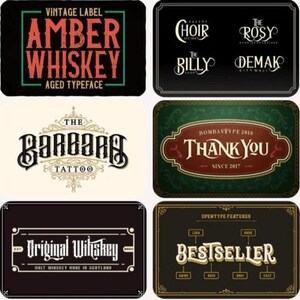 Könnte beinhalten: Eine Sammlung von Etiketten und Logos im Vintage-Stil. Die Etiketten zeigen Texte wie "Amber Whiskey", "The Rosy", "Thank You" und "Bestseller". Die Designs verwenden verschiedene Schriftarten und dekorative Elemente, mit Fokus auf eine klassische Ästhetik.