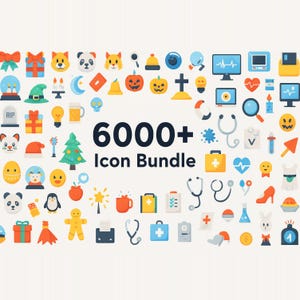 Op de afbeelding: Een verzameling kleurrijke, platte pictogrammen, waaronder medische, feestelijke en technische symbolen. De tekst "6000+ Icon Bundle" is prominent aanwezig. Pictogrammen omvatten een kerstboom, een hart, een computermonitor en een stethoscoop.