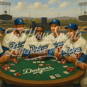 May include: A painting shows six men in vintage Dodgers baseball uniforms playing poker. The green felt table is covered in cards and poker chips. The background features a baseball stadium. The word "Dodgers" is visible.