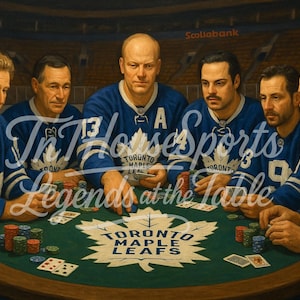 Pode incluir: Uma pintura mostra seis homens em camisas de hóquei azuis e brancas jogando pôquer em uma mesa de feltro verde. A mesa apresenta um logotipo do Toronto Maple Leafs. O texto "In House Sports Legends at the Table" é visível.