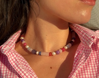 Colorful Beaded Pink Choker Necklace: Freshwater Pearls, Natural Gemstones, Rose Quartz & Amethyst