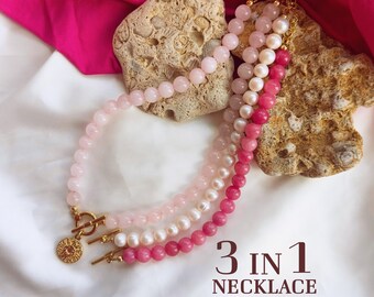 Custom Necklace Set: Rose Quartz and Pearl Beaded Gemstone Jewelry, Toggle Clasp Pendant Necklace