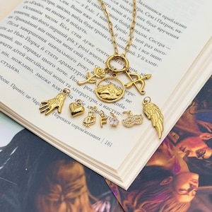 May include: A gold-colored necklace with multiple charms, including a rose, mountain scene, bow and arrow, hand, heart, crown, letter F, flower, mask, and wing. The necklace is displayed on an open book.