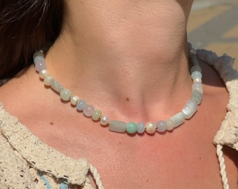 Colorful Beaded Blue & Green Choker Necklace: Freshwater Pearls, Natural Gemstones, Aquamarine, Stainless Steel