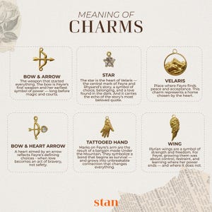May include: An image showcasing six gold-colored charms, each with a unique design and accompanying text. The charms include a bow and arrow, a star, a mountain scene, a bow and heart arrow, a hand, and a wing. The text explains the meaning of each charm.