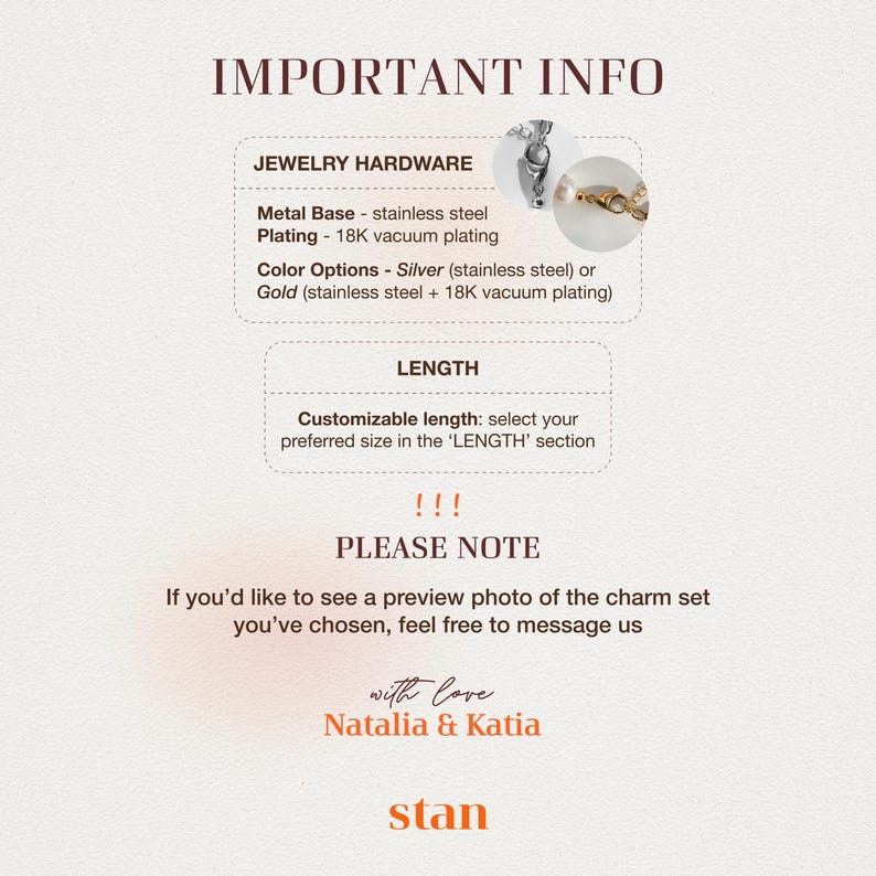 May include: A cream-colored graphic with the text "IMPORTANT INFO" and details about jewelry hardware, including metal base, plating, and color options. It also mentions customizable length and a note about preview photos.