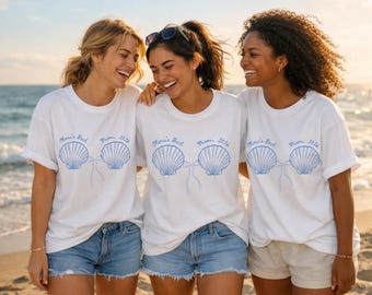 Camisetas personalizadas para despedida de solteira com biquíni, camisetas combinando para festa de despedida de solteira na praia com o tema "Último Brinde", top de biquíni fofo e divertido com estampa de conchas e cores confortáveis.