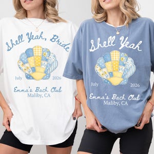 Chemise Bach de plage Shell Yeah, t-shirt coquillage imitation patchwork, chemise de célibataire personnalisée côtière, t-shirt voyage pour filles à la plage