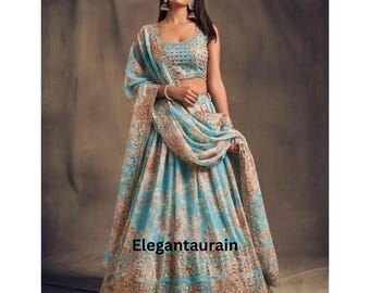 Sky blue Floral Print Organza Lehenga Choli: Zari & Sequins Embroidery, Bridal Wear Party Wear