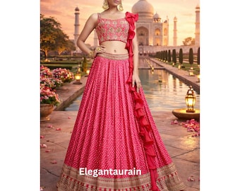 Pink Designer Lehenga Choli mit Rüschen Dupatta