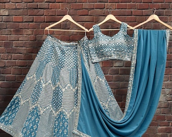 Sky Blue Lehenga Choli: Sequins Zari Embroidered Indian Wedding Wear