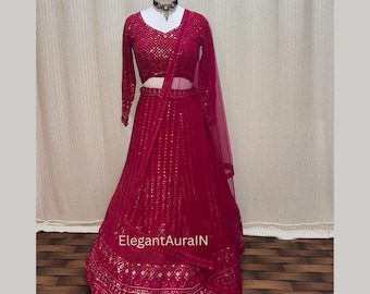 Rani Pink Lucknowi Lehenga Choli : tenue d'invitée de mariage indienne brodée