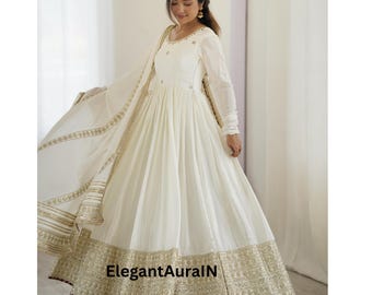 White Chinon Silk Anarkali Dress: Indian Wedding Gown with Dupatta