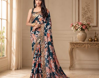 Blue Printed Organza Saree : Ready to Wear, Indian Wedding Wear