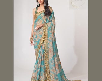 Sky blue Floral print Organza Saree : Ready to Wear, Indian Wedding Wear