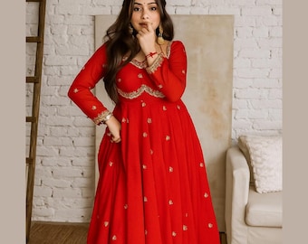 Red Georgette Anarkali Gown | Embroidered Pakistani Party Dress