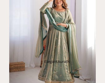 Pistachio Anarkali Gown: Indian Fandy Silk Dress with Dupatta