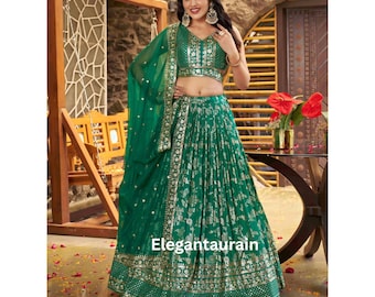 Green Georgette Lehenga Choli: Sequins Zari Embroidered Indian Wedding Wear