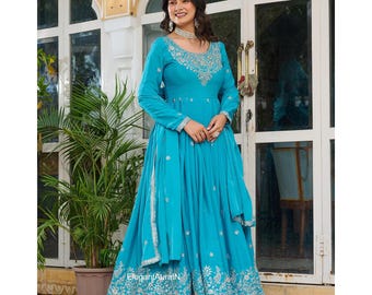 Sky Blue Anarkali Dress: American Silk Indian Wedding Gown with Dupatta