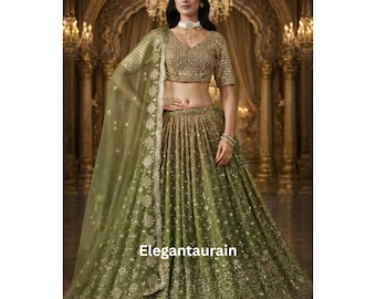 Pista Green Georgette Lehenga | Heavy Embroidery Indian Wedding Wear