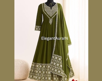 Green Anarkali Gown: Indian Wedding Guest Outfit - Fully Stitched