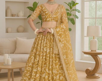 Yellow Net Lehenga Choli: Thread & Sequence Embroidery Indian Wedding Wear