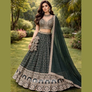 Jasnozielony kolor Sekwencja i haft nicią Projektantka Lehenga Choli na przyjęcie weselne