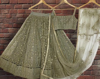 Dusty Green Embroidered Net Lehenga Choli: Indian Wedding Wear