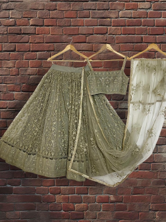 Dusty Green Embroidered Net Lehenga Choli: Indian Wedding Wear
