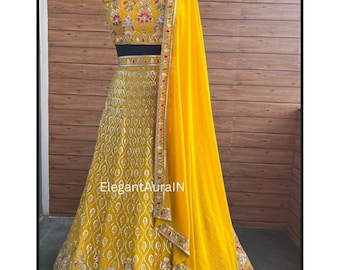 Yellow Georgette Lehenga Choli: Thread & Sequence Embroidery, Indian Wedding Wear