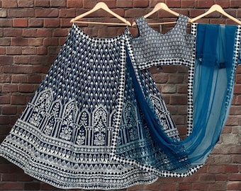 Blue Embroidered Georgette Lehenga Choli: Indian Wedding Wear