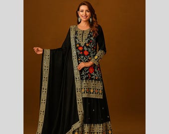 Conjunto Sharara Palazzo negro / Traje de boda indio con bordado de seda