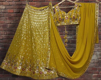 Yellow Haldi Function Embroidered Lehenga Choli: Indian Wedding Wear