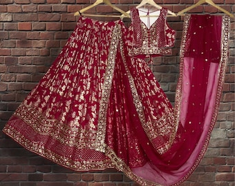 Lehenga Choli de georgette bordada en rojo: vestido de boda indio