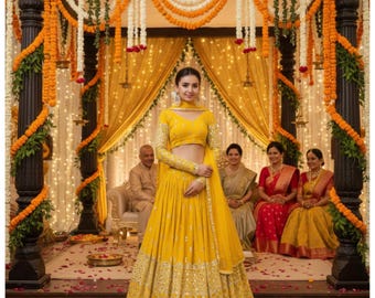 Yellow lehenga haldi function wear : sequins and zari embroidery work Lehenga