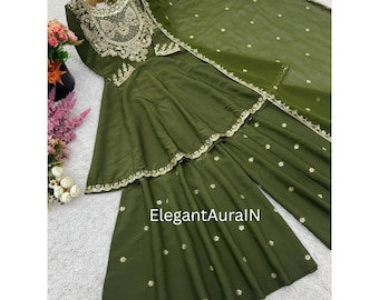 Embroidered Green Silk Salwar Kameez Suit with Georgette Dupatta