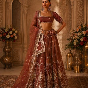 Könnte beinhalten: Ein tief rostfarbenes Lehenga-Choli-Set, bestehend aus einer bauchfreien Bluse mit quadratischem Ausschnitt und einem voluminösen, bodenlangen Rock. Beide Teile sind mit aufwendigen Goldstickereien, Pailletten und Spiegelarbeiten verziert, inklusive passendem Dupatta.