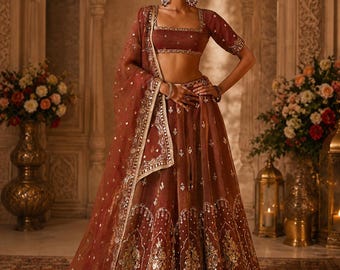 May include: A deep rust-colored lehenga choli set featuring a cropped blouse with a square neckline and a voluminous floor-length skirt. Both pieces are adorned with intricate gold embroidery, sequins, and mirror work, paired with a matching dupatta.