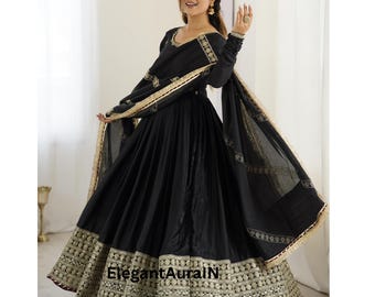 Black Chinon Silk Anarkali Gown: Indian Wedding Guest Outfit with Dupatta