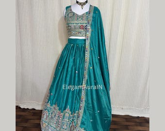 Teal Blue Silk Lehenga Choli: Faden- und Paillettenstickerei, indische Hochzeitskleidung