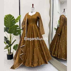 Brown anarkali set with Dupatta | Elegant Floor-Length Gown| Party Wear Gown | ready to wear anarkali set| Indian Wear Festive Anarkali Suit