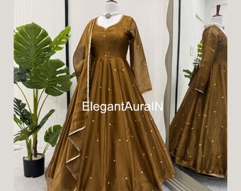 Brown Anarkali Gown Set with Dupatta: Indian Festive Wear