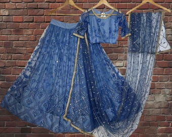 Blue Embroidered Net Lehenga Choli: Indian Wedding Wear