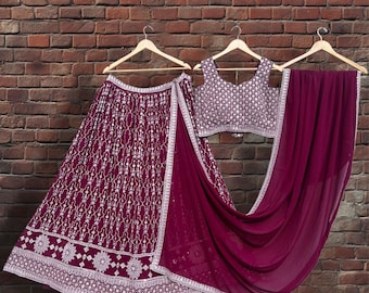 Purple Embroidered Georgette Lehenga Choli: Indian Wedding Wear