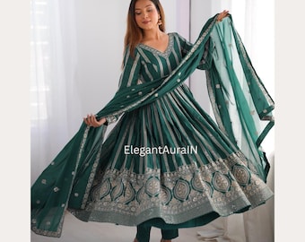 Embroidered Green Anarkali Dress: Indian Salwar Kameez, Party Gown