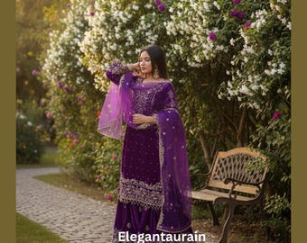 Fioletowy komplet Sharara z imitacji żorżety: haft nicią i cekinami, odzież imprezowa