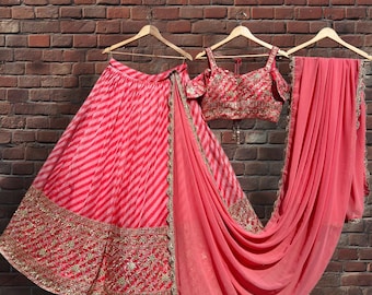 Pink Lehenga Choli: Sequins Zari Embroidered Indian Wedding Wear