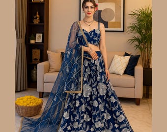 Blue Embroidered Net Lehenga Choli | Indian Wedding Party Wear lehenga